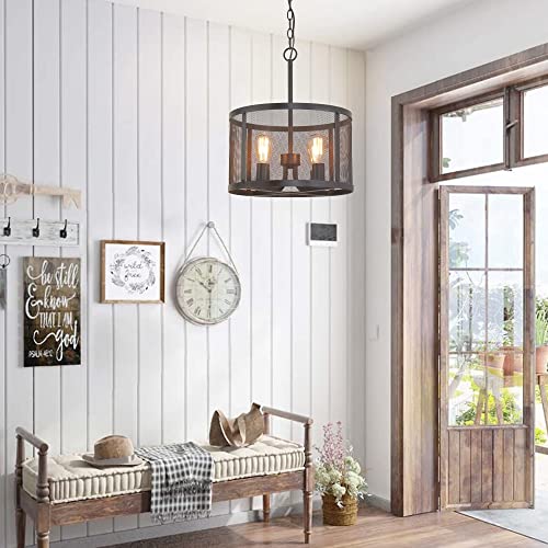 KARMIQI 4-Light Industrial Pendant Light Fixture Bulbs Included, Vintage Farmhouse Black Metal Cage Hanging Ceiling Light, Drum Chandelier with Adjustable Chain for Kitchen Island Dining Room