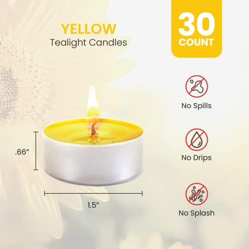 Yellow Candles Tea Lights - 30 Pack - Tea Lights with 3-4 Hour Burn Time - Tea Candles -TeaLight Candles for Holiday, Wedding and Home