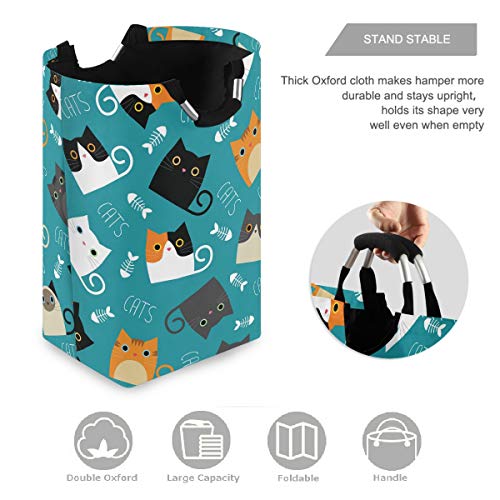 visesunny Collapsible Laundry Basket Funny Cat and Fish Bone Cartoon Large Laundry Hamper with Handle Toys and Clothing Organization for Bathroom, Bedroom, Home, Dorm, Travel