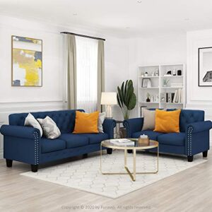 Furinno Bastia Vintage Modern Chesterfield Button Tufted 3-Seater Sofa Couch for Living Room, Navy Velvet