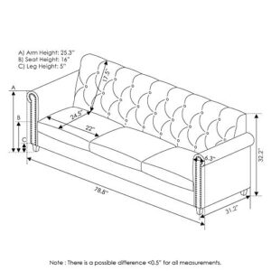 Furinno Bastia Vintage Modern Chesterfield Button Tufted 3-Seater Sofa Couch for Living Room, Navy Velvet