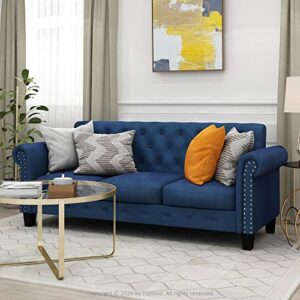 Furinno Bastia Vintage Modern Chesterfield Button Tufted 3-Seater Sofa Couch for Living Room, Navy Velvet