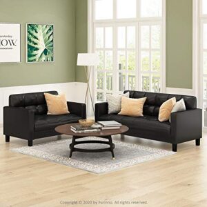 Furinno Brive Contemporary Tufted Faux Leather 3-Seater Sofa Couch for Living Room, Black Faux Leather