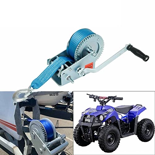 3200lbs Hand Crank Winch with Hook Polyester Blue Webbed Strap 2 Gear ATV Boat Trailer