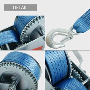 3200lbs Hand Crank Winch with Hook Polyester Blue Webbed Strap 2 Gear ATV Boat Trailer