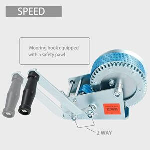 3200lbs Hand Crank Winch with Hook Polyester Blue Webbed Strap 2 Gear ATV Boat Trailer