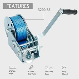 3200lbs Hand Crank Winch with Hook Polyester Blue Webbed Strap 2 Gear ATV Boat Trailer