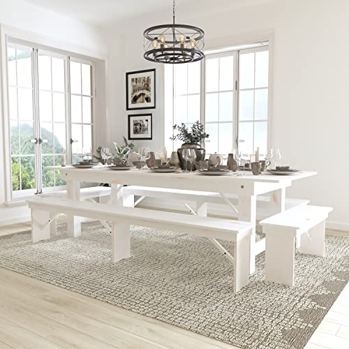 Flash Furniture HERCULES Series 9' x 40" Antique Rustic White Folding Farm Table and Four Bench Set