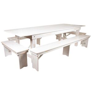 Flash Furniture HERCULES Series 9' x 40" Antique Rustic White Folding Farm Table and Four Bench Set