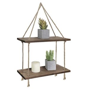 flexzion wall hanging shelf for plants, 2 tier floating rope shelves with hooks, boho wall decorations for bedroom bathroom living room farmhouse rustic decor display shelf for plant