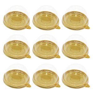 nuobesty individual cupcake boxes, 100pcs golden tray round plastic transparent dome cupcake boxes egg-yolk puff food container single mooncake dome boxes baking packing box |2.75x2.75x1.96 inch