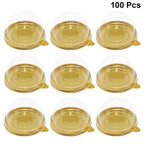 NUOBESTY Individual Cupcake Boxes, 100pcs Golden Tray Round Plastic Transparent Dome Cupcake Boxes Egg-Yolk Puff Food Container Single Mooncake Dome Boxes Baking Packing Box |2.75x2.75x1.96 inch