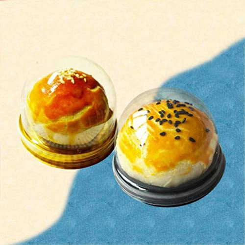 NUOBESTY Individual Cupcake Boxes, 100pcs Golden Tray Round Plastic Transparent Dome Cupcake Boxes Egg-Yolk Puff Food Container Single Mooncake Dome Boxes Baking Packing Box |2.75x2.75x1.96 inch