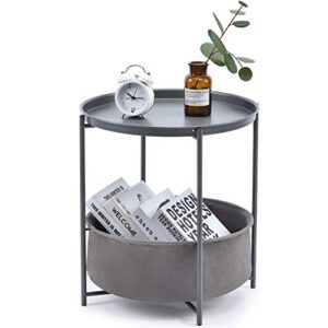 toolf end table, metal nightstand, coffee round table, sofa side snack table with detachable tray top and fabric storage basket, scandi style table for living room bedroom (dark grey)