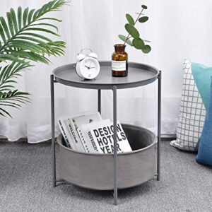 TOOLF End Table, Metal Nightstand, Coffee Round Table, Sofa Side Snack Table with Detachable Tray Top and Fabric Storage Basket, Scandi Style Table for Living Room Bedroom (Dark Grey)