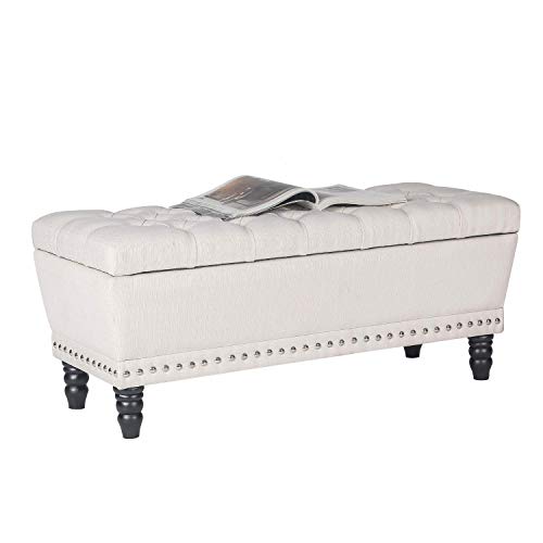 Homebeez Storage Ottoman Bench Tufted Foot Rest Stool with Nailhead Trim (Beige)