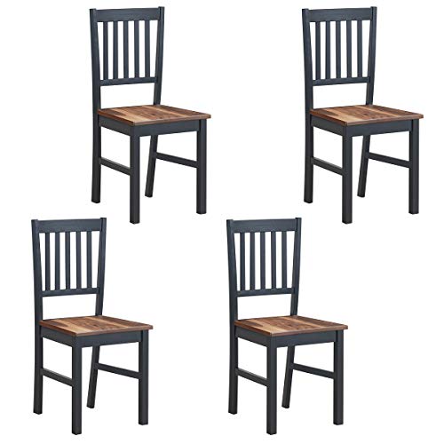 COSTWAY Set of 4 Dining Chairs, Dining Room Side Chair with Slat Back, Rubber Wood Legs Armless Chair with Black Base and Walnut Seat Ideal for Home, Kitchen, Dining Room