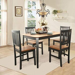 COSTWAY Set of 4 Dining Chairs, Dining Room Side Chair with Slat Back, Rubber Wood Legs Armless Chair with Black Base and Walnut Seat Ideal for Home, Kitchen, Dining Room