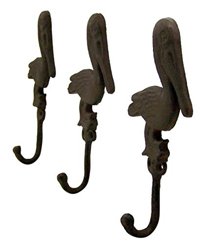 Wowser Rustic Brown Cast Iron Pelican Wall Hooks, Set of 3, 7 1/2 Inch