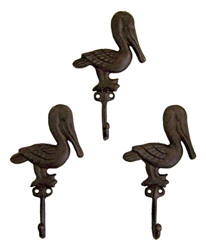 Wowser Rustic Brown Cast Iron Pelican Wall Hooks, Set of 3, 7 1/2 Inch