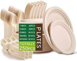 paper plates heavy duty,paper plates set,dinner plates set,sugarcane disposable paper plates set eco,9 inch and 7 inch party plates,forks,knives and spoons set for 50 people [250 pcs]