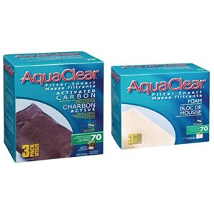 aquaclear 70 filter media for aquariums up to 70 gallons, 3-pack activated carbon inserts and 3-pack foam inserts, replacement filter media