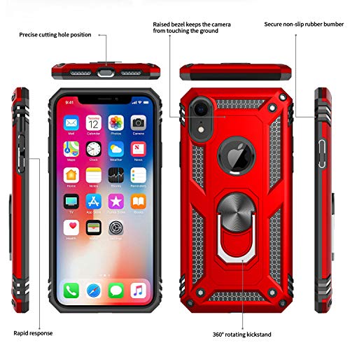 LeYi for iPhone XR Phone Case, iPhone XR Case with [2PCS] Tempered Glass Screen Protector for Women Men, [Military-Grade] Shockproof Phone Case with Ring Kickstand for Apple iPhone XR 10, Red