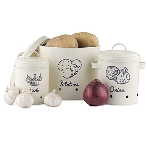 Navaris Potato Onion Garlic Storage Canisters (Set of 3) - Keeper Canister Tin Containers for Potatoes, Onions and Garlic - Vintage Look - Cream