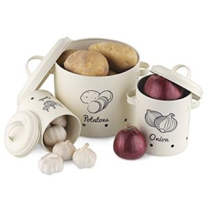 Navaris Potato Onion Garlic Storage Canisters (Set of 3) - Keeper Canister Tin Containers for Potatoes, Onions and Garlic - Vintage Look - Cream