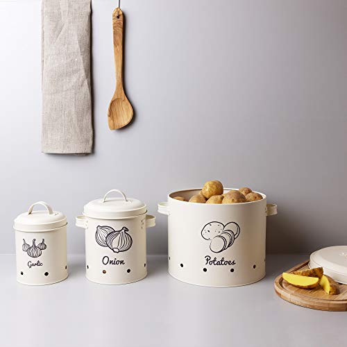 Navaris Potato Onion Garlic Storage Canisters (Set of 3) - Keeper Canister Tin Containers for Potatoes, Onions and Garlic - Vintage Look - Cream