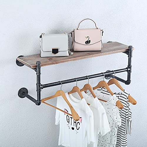 JIANZHUO Industrial Pipe Clothing Rack Wall Mounted with Real Wood Shelf,Rustic Retail Garment Rack Display Rack Cloths Rack,Pipe Shelving Floating Shelves Wall Shelf,36in Commercial Clothes Racks