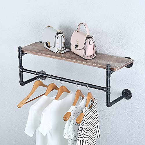 JIANZHUO Industrial Pipe Clothing Rack Wall Mounted with Real Wood Shelf,Rustic Retail Garment Rack Display Rack Cloths Rack,Pipe Shelving Floating Shelves Wall Shelf,36in Commercial Clothes Racks