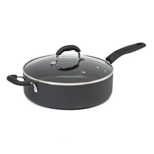 goodful aluminum non-stick sauté pan jumbo cooker with helper handle and tempered glass steam vented lid, made without pfoa, dishwasher safe, 5-quart, charcoal gray