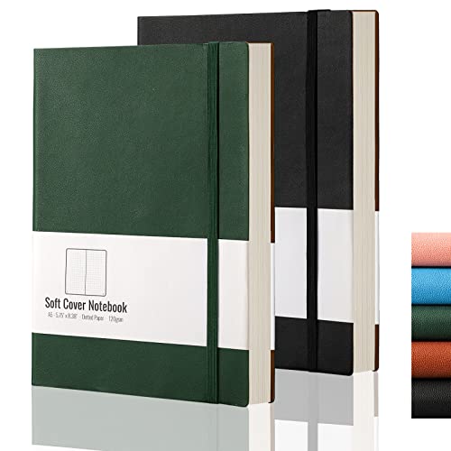 AHGXG Dotted Bullet Grid Journal 2 Pack - A5 Dot Grid Notebook Softcover, Medium 5.75'' × 8.38'', 320 Numbered Pages, 120gsm Thick Dotted Paper, Soft Leather Cover (Black Green)