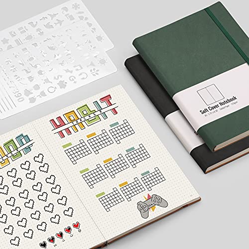 AHGXG Dotted Bullet Grid Journal 2 Pack - A5 Dot Grid Notebook Softcover, Medium 5.75'' × 8.38'', 320 Numbered Pages, 120gsm Thick Dotted Paper, Soft Leather Cover (Black Green)