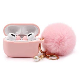 protective case cover for airpods pro charging case with ear tips 1 pair kit, air pods silicone case with soft cute ball pom pom keychain kit together with ear buds tips 2&1 (x, light pink)