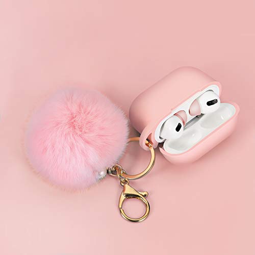 Protective Case Cover for Airpods Pro Charging Case with Ear Tips 1 Pair Kit, Air Pods Silicone Case with Soft Cute Ball Pom Pom Keychain Kit Together with Ear Buds Tips 2&1 (X, Light Pink)