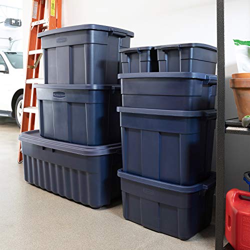 Rubbermaid Roughneck 10 Gallon Rugged Storage Tote in Dark Indigo Metallic with Lid and Handles for Home, Basement, Garage, (6 Pack)