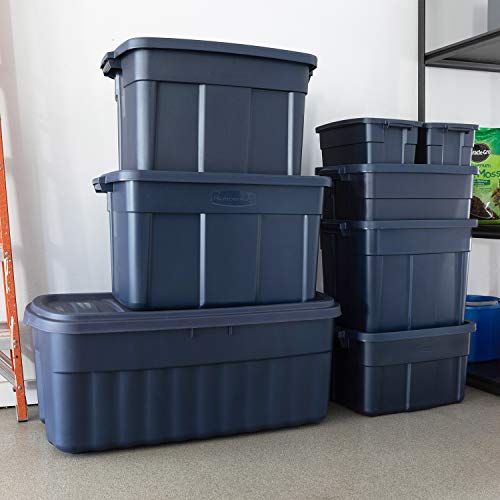 Rubbermaid Roughneck 10 Gallon Rugged Storage Tote in Dark Indigo Metallic with Lid and Handles for Home, Basement, Garage, (6 Pack)