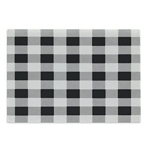 lunarable plaid cutting board, monochrome traditional lumberjack pattern repating checkered squares design, decorative tempered glass cutting and serving board, large size, grey black