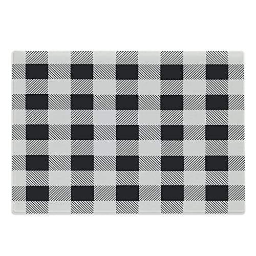 Lunarable Plaid Cutting Board, Monochrome Traditional Lumberjack Pattern Repating Checkered Squares Design, Decorative Tempered Glass Cutting and Serving Board, Large Size, Grey Black