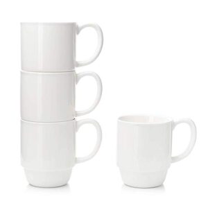 porcelain stackable coffee mugs set of 4-16 ounce cups with handle for hot or cold drinks like cocoa, milk, tea or water - smooth ceramic with modern design, white