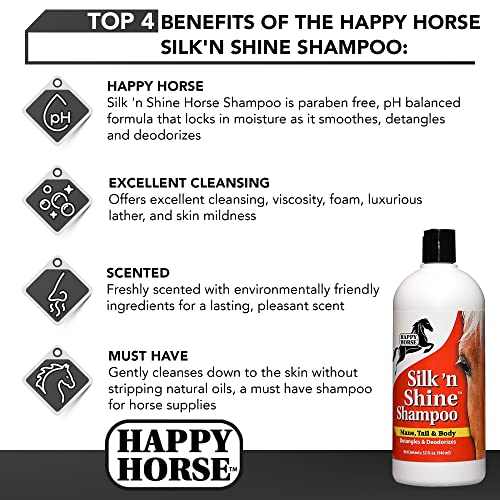 Happy Horse Shampoo, Silk 'n Shine Mane, Tail & Body Shampoo for Silky & Manageable Hair, 32oz