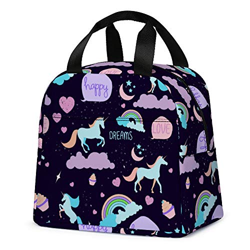 Unicorn Lunch Bag for Girls, Reusable Cute Unicorn Lunch Box Insulated Lunch Tote Bag with Front Pocket for School Kids Teen Girls (Dark Purple)