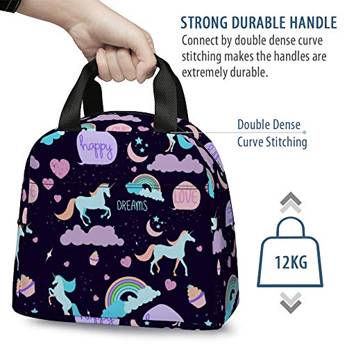 Unicorn Lunch Bag for Girls, Reusable Cute Unicorn Lunch Box Insulated Lunch Tote Bag with Front Pocket for School Kids Teen Girls (Dark Purple)