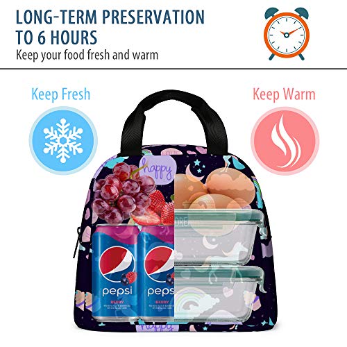 Unicorn Lunch Bag for Girls, Reusable Cute Unicorn Lunch Box Insulated Lunch Tote Bag with Front Pocket for School Kids Teen Girls (Dark Purple)