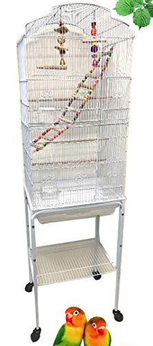 63-Inch Large Flight Bird Cage with Toys and 10-Step Play Ladder for Cockatiel Parakeet Finch Budgie Lovebird Canary Finch Pet Bird Cage with Rolling Stand (White with Toy)