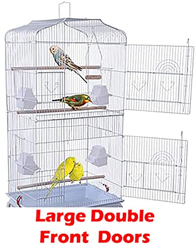 63-Inch Large Flight Bird Cage with Toys and 10-Step Play Ladder for Cockatiel Parakeet Finch Budgie Lovebird Canary Finch Pet Bird Cage with Rolling Stand (White with Toy)