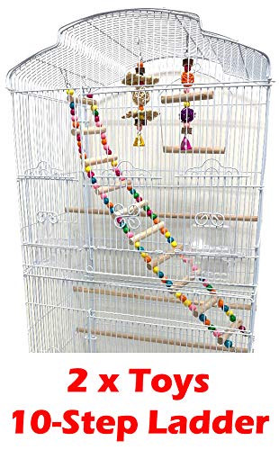 63-Inch Large Flight Bird Cage with Toys and 10-Step Play Ladder for Cockatiel Parakeet Finch Budgie Lovebird Canary Finch Pet Bird Cage with Rolling Stand (White with Toy)