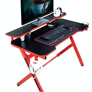 JJS 48" Home Office Gaming Computer Desk with Removable Monitor Stand, R Shaped Large Gamer Workstation PC Table with Cup Holder Headphone Hook Speaker Storage Free Mouse pad, Black/Red